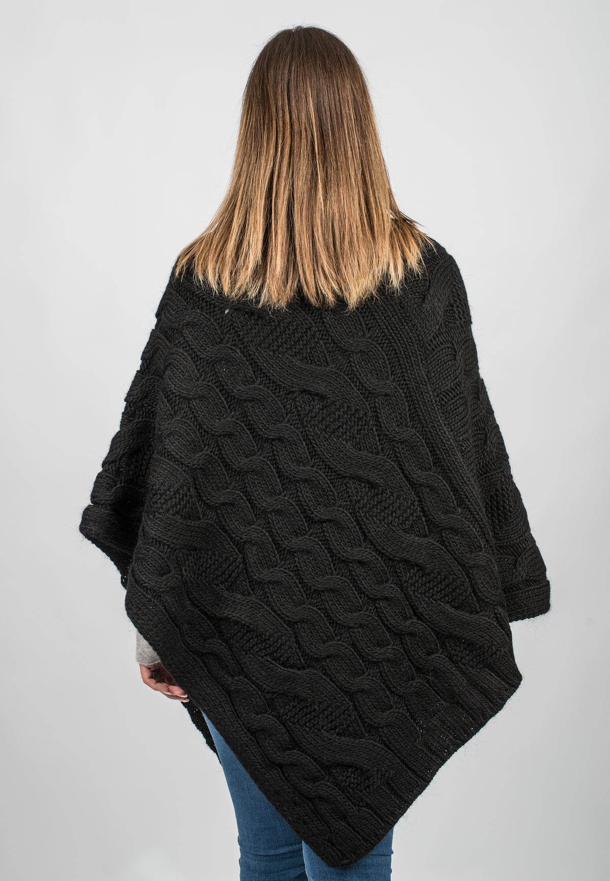 Black Cable-Knit V-Neck Poncho, view 3