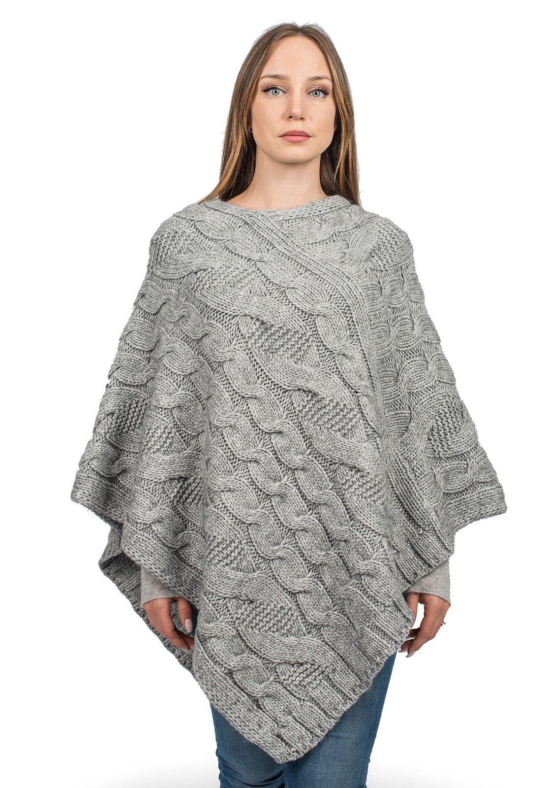 Gray Cable-Knit V-Neck Poncho