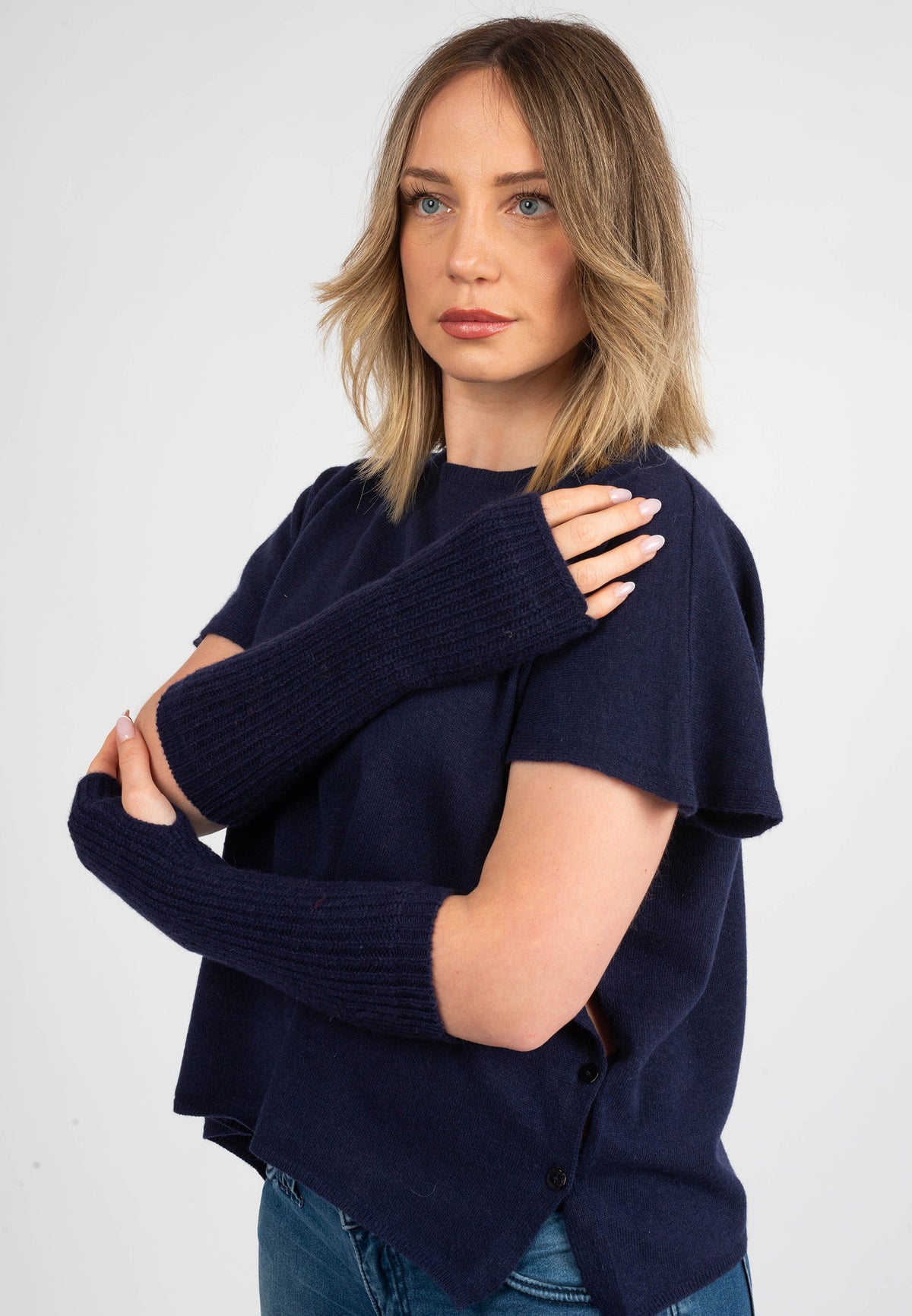 Women's Cashmere Blend Arm Warmers, blue | Dalle Piane Cashmere