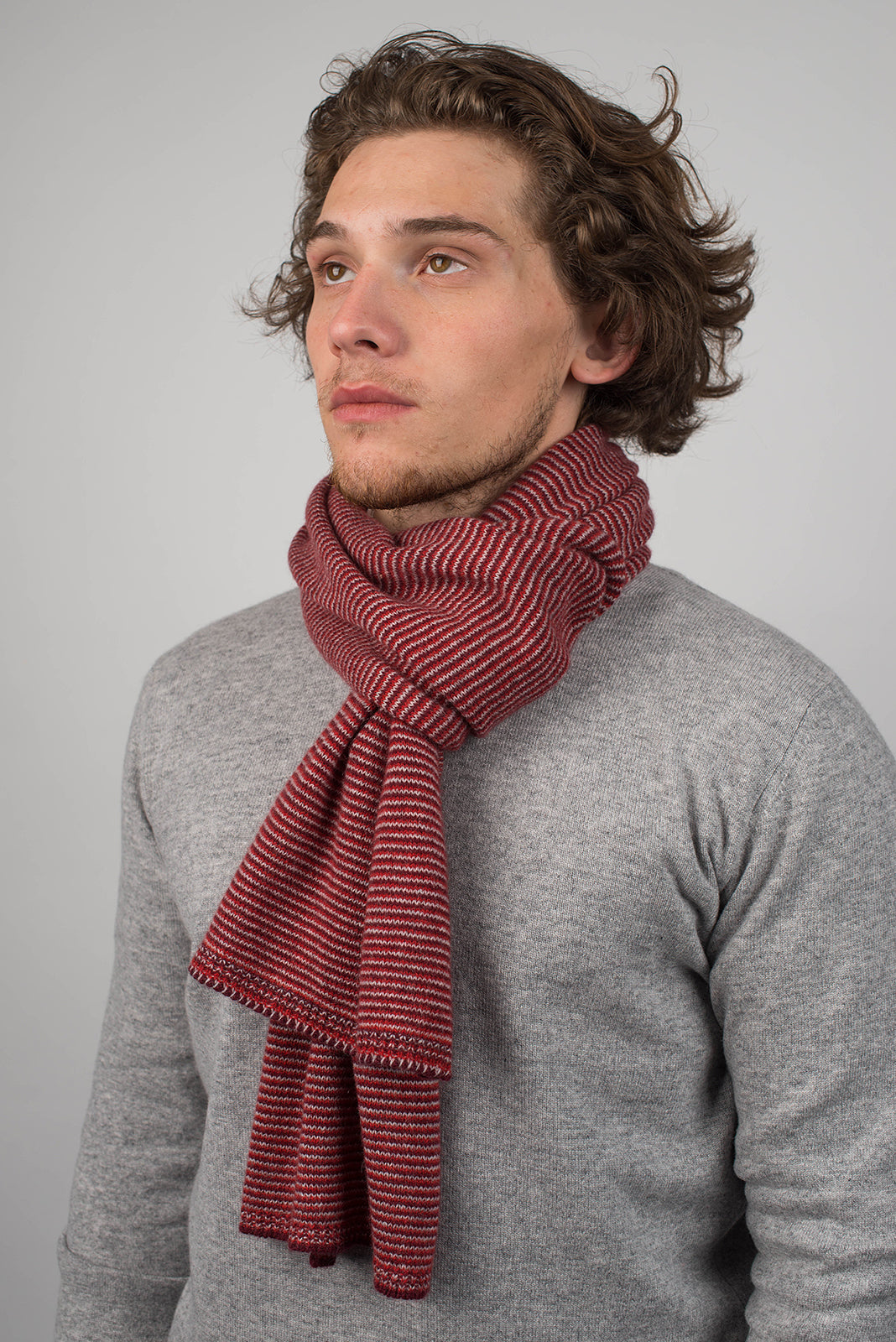 Red-Burgundy-Gray Men's Striped 100% Cashmere Scarf, view 3