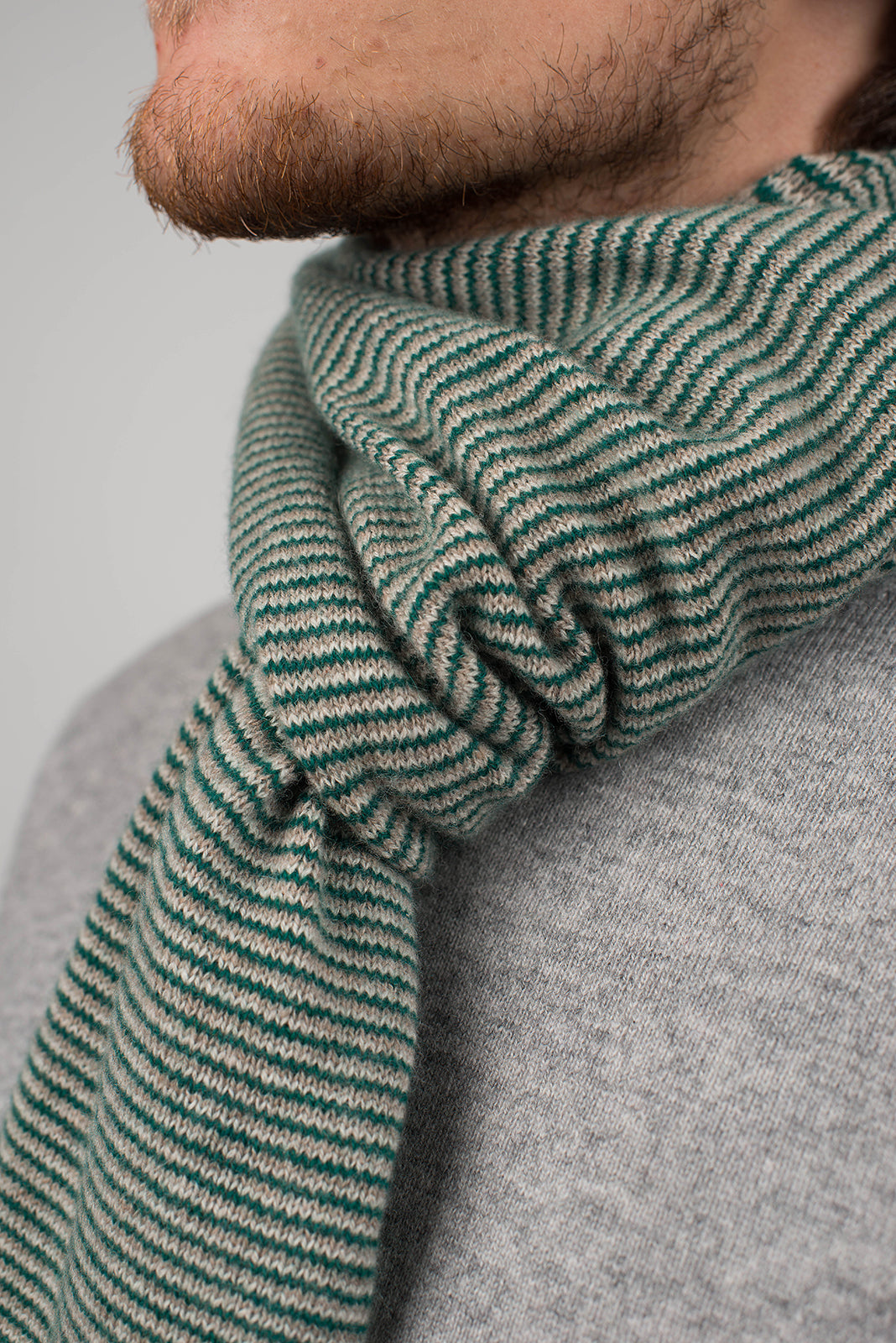 Green-Beige-Cream Men's Striped 100% Cashmere Scarf, view 4