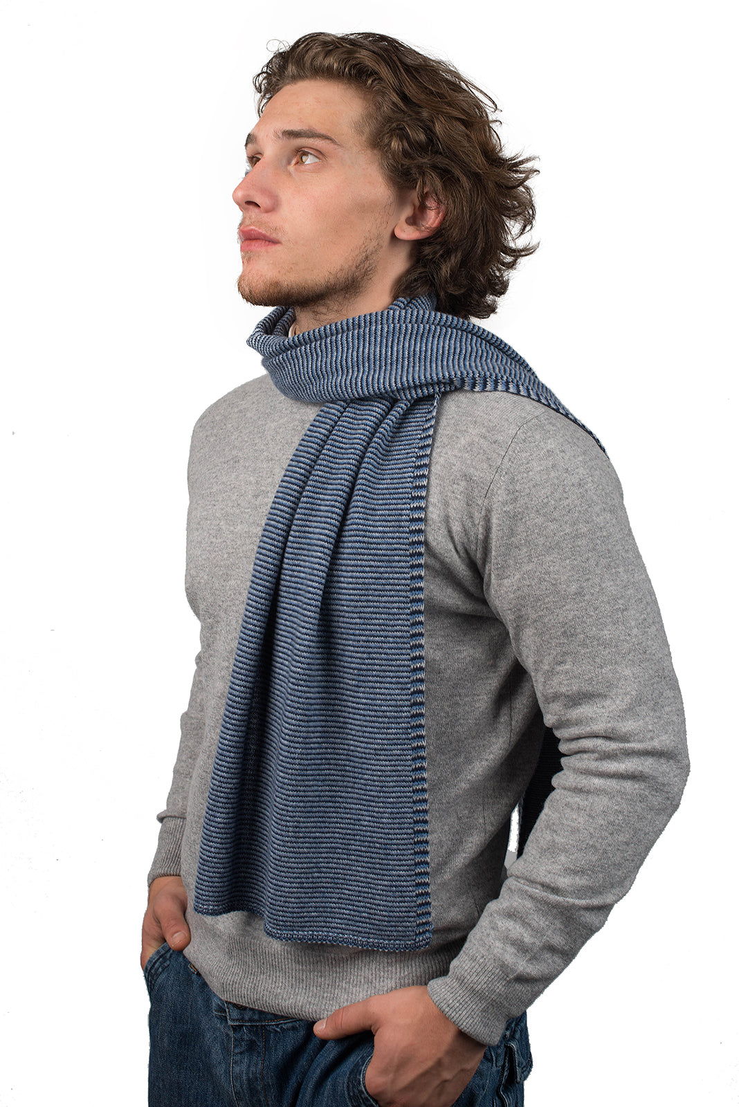 Blue-Light Blue-Sky Men's Striped 100% Cashmere Scarf