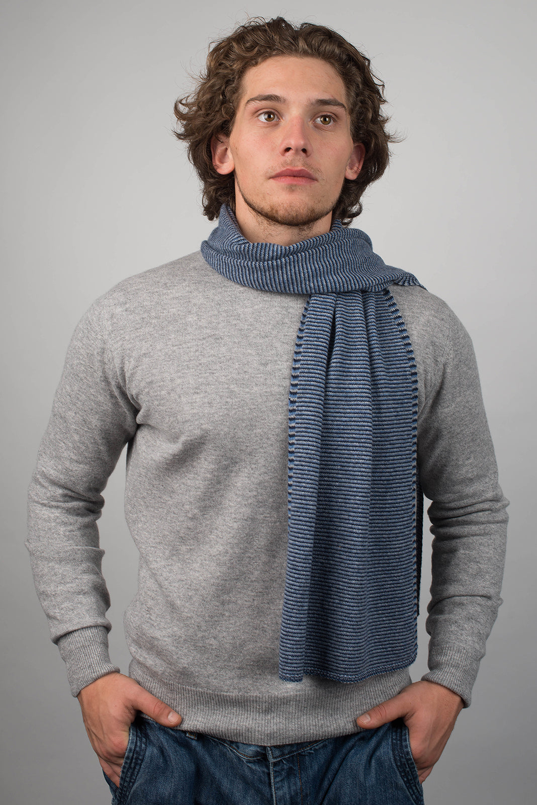 Blue-Light Blue-Sky Men's Striped 100% Cashmere Scarf, view 2