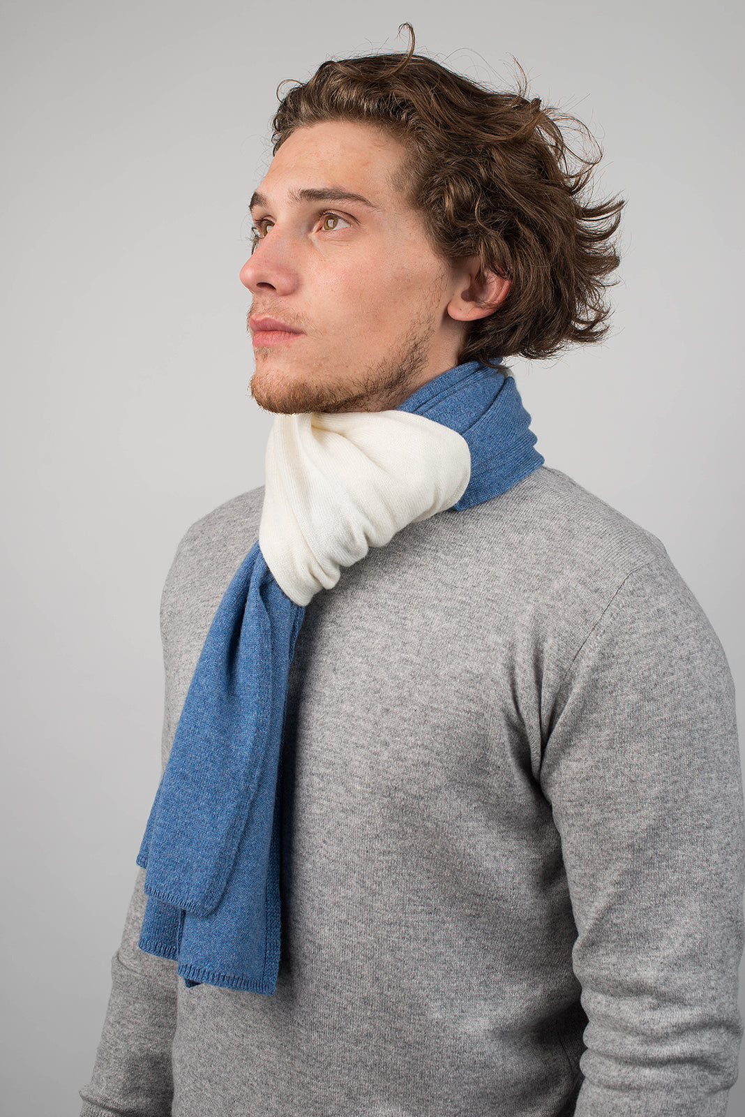 Cream-Light Blue Men's Two-Tone 100% Cashmere Scarf, view 3