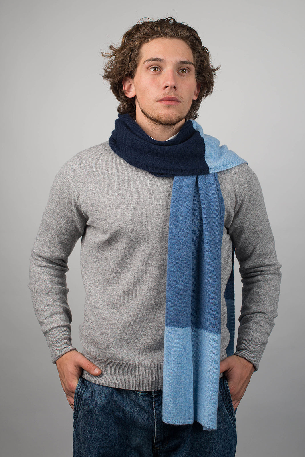 Blue-Sky-Light Blue Men's Three-Color 100% Cashmere Scarf, view 2