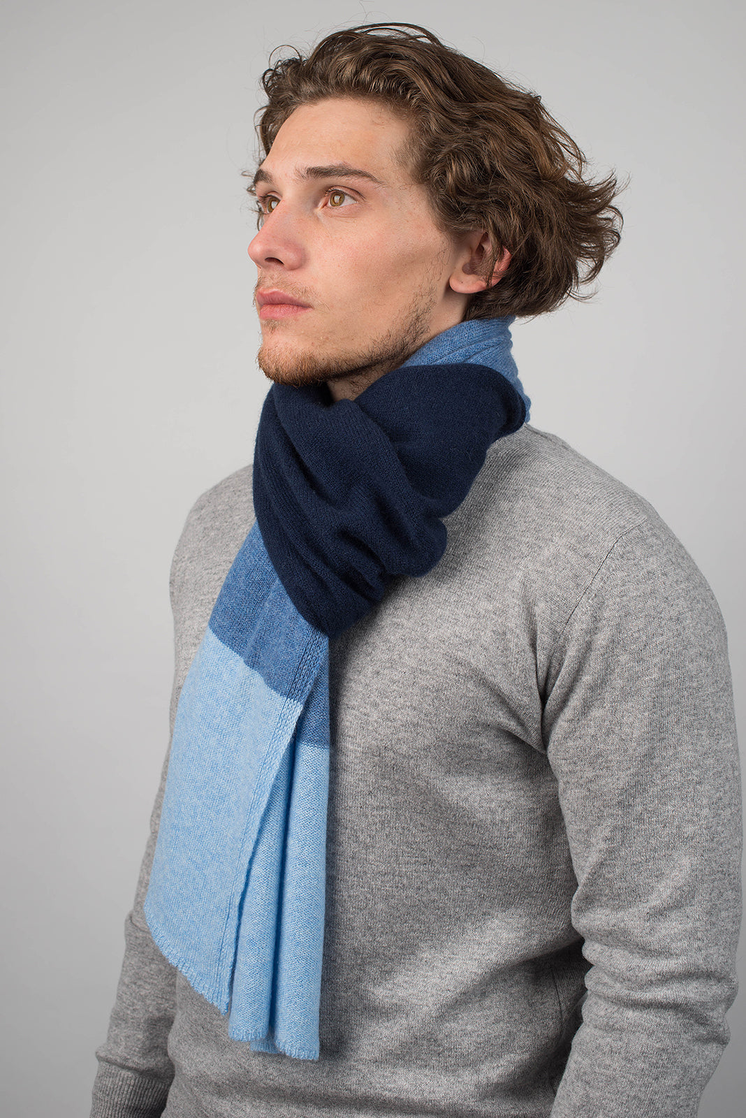 Blue-Sky-Light Blue Men's Three-Color 100% Cashmere Scarf, view 3