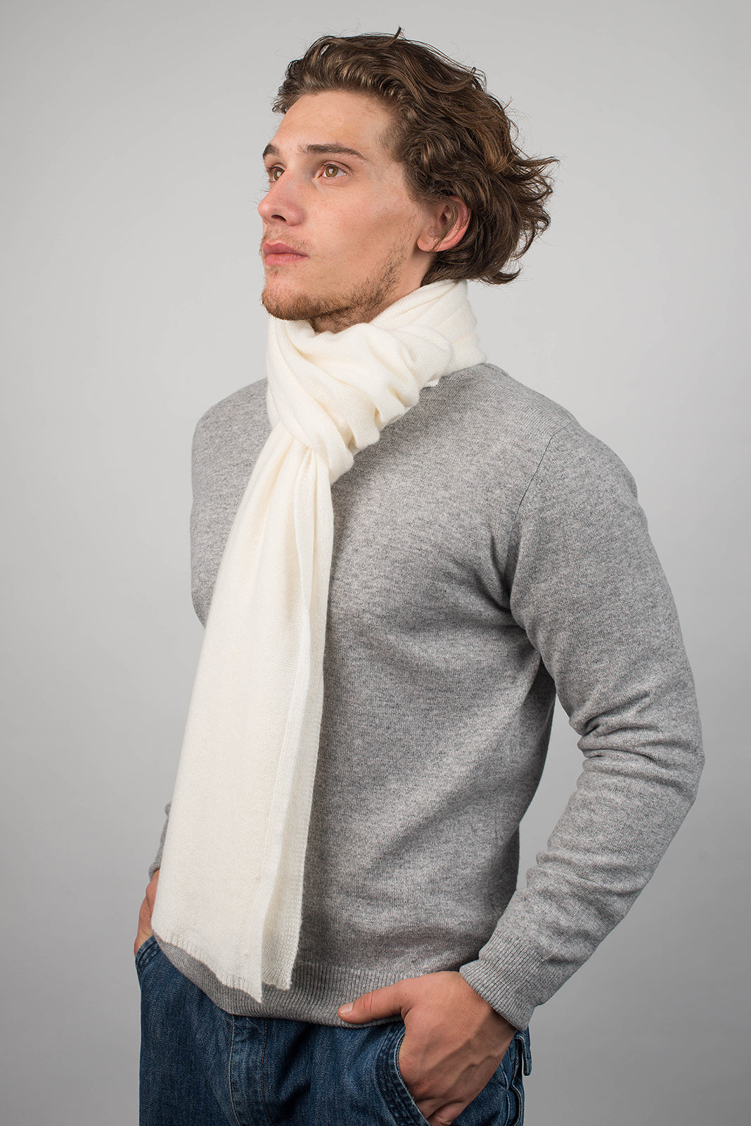 Cream Men's Wide 100% Cashmere Scarf, view 3