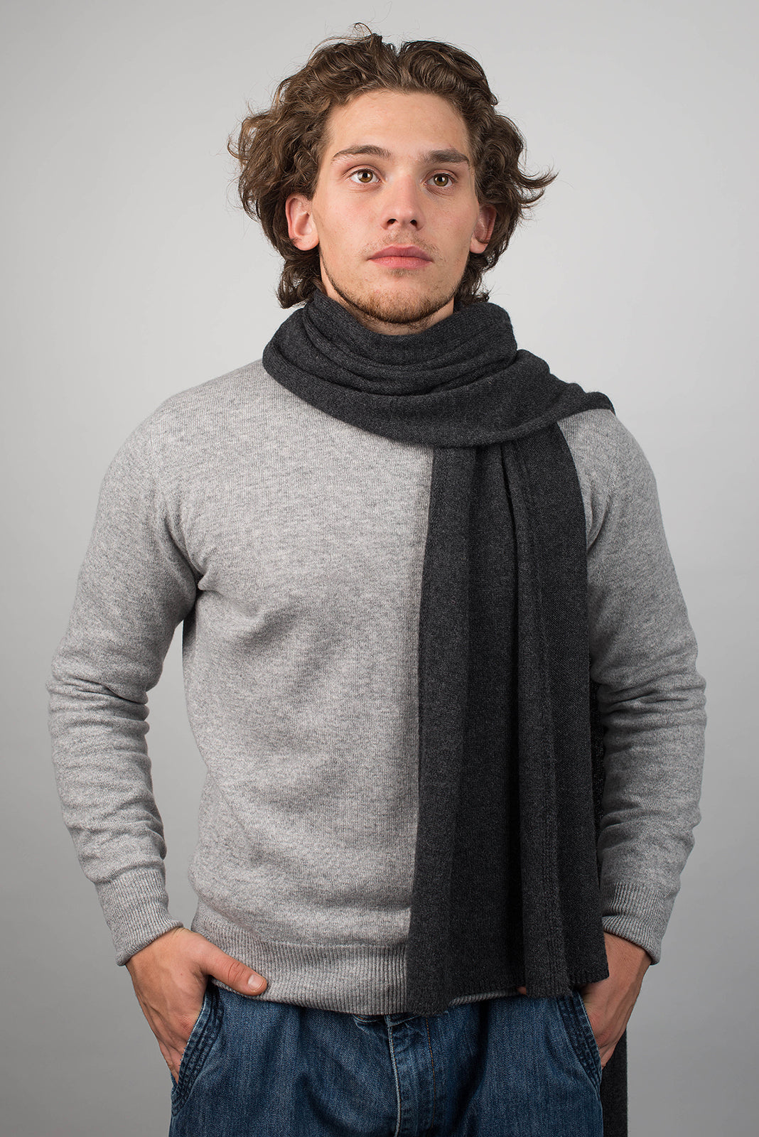 Charcoal Men's Wide 100% Cashmere Scarf, view 2