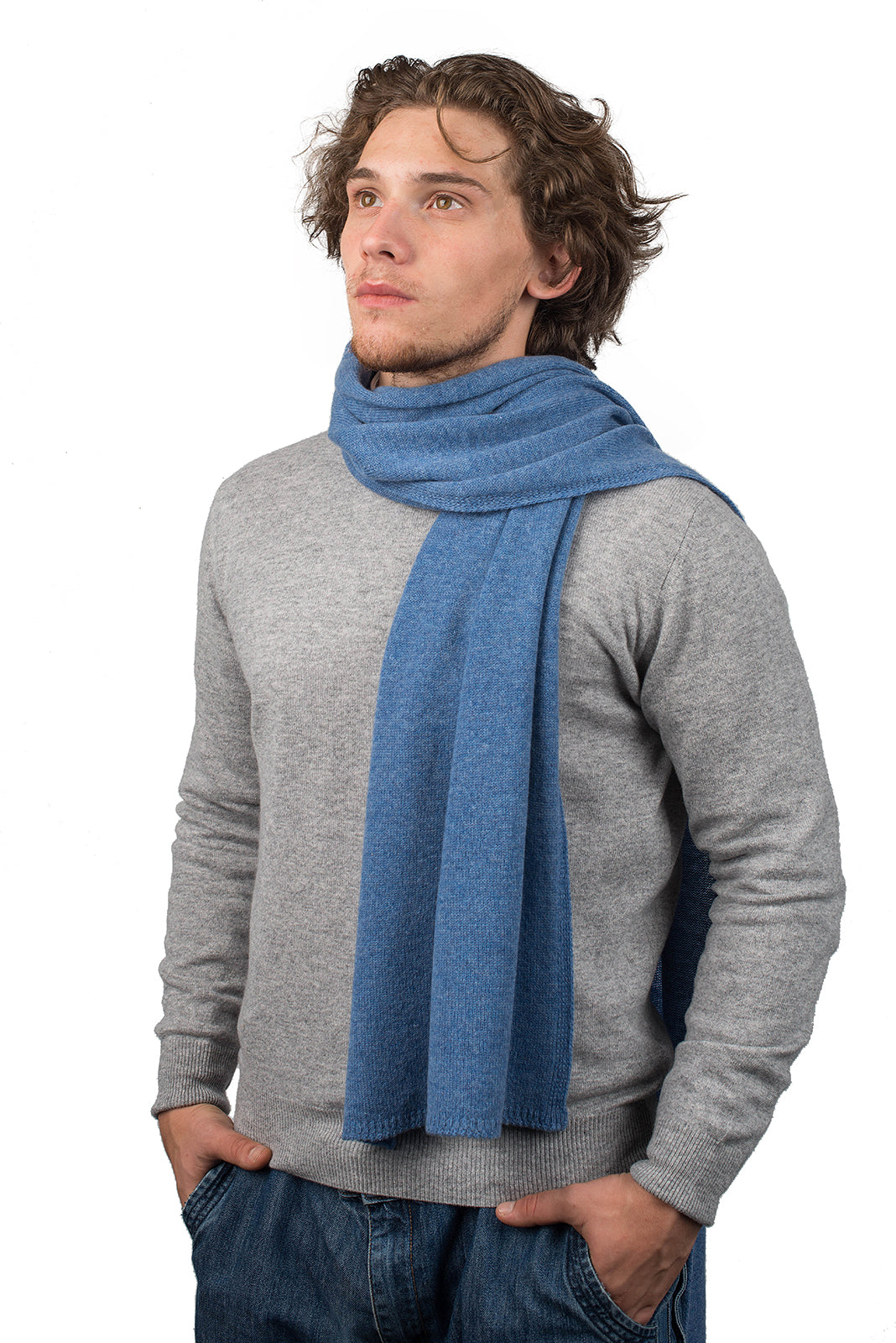 Light Blue Men's Wide 100% Cashmere Scarf