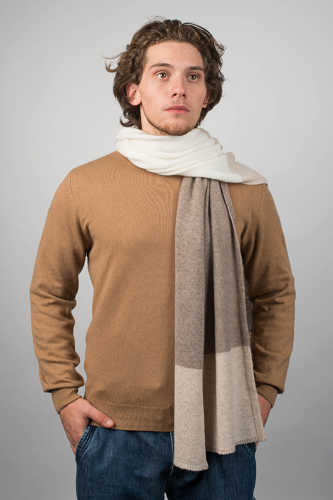 Beige-Mink-Cream Men's Three-Color 100% Cashmere Scarf, view 2
