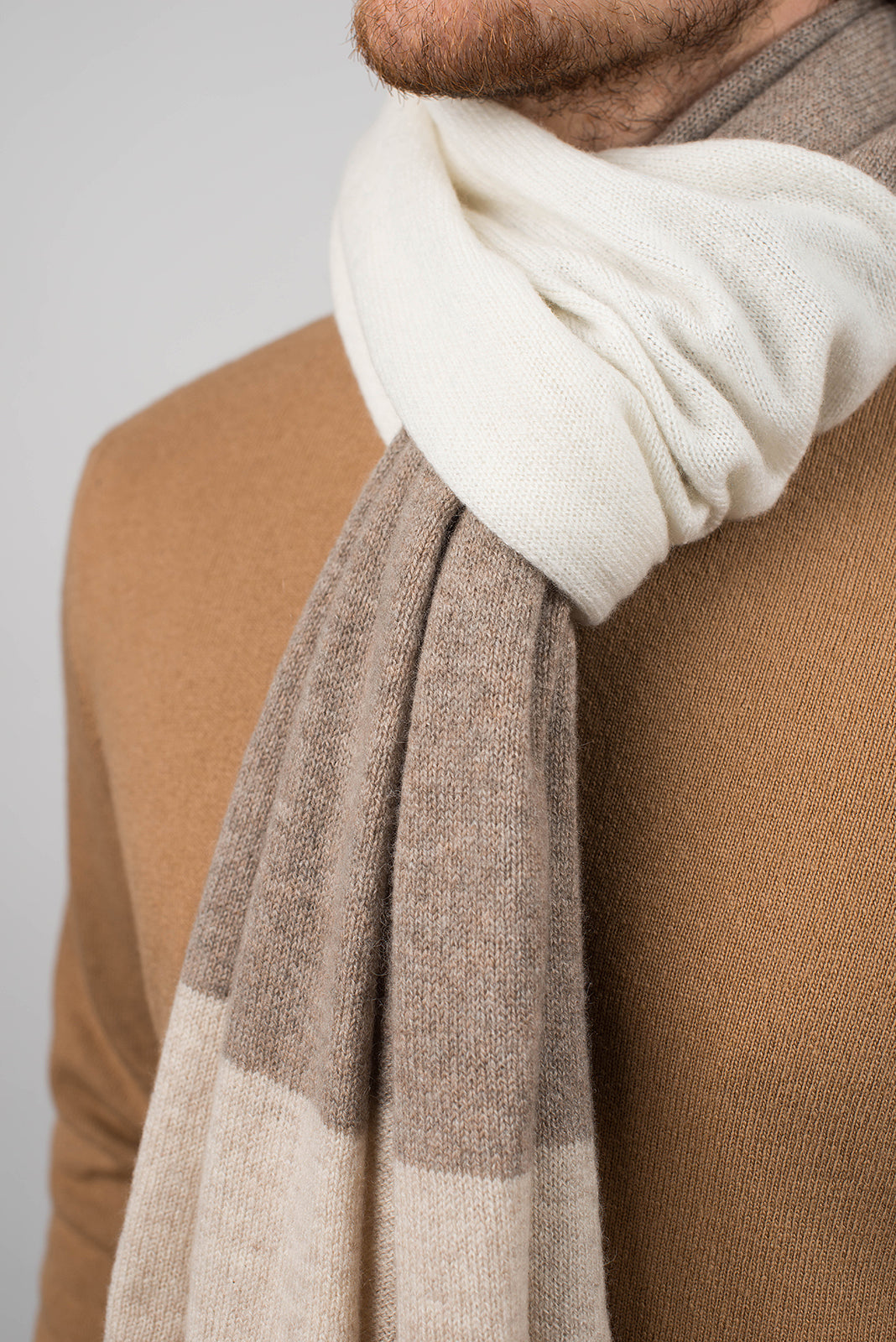 Beige-Mink-Cream Men's Three-Color 100% Cashmere Scarf, view 4