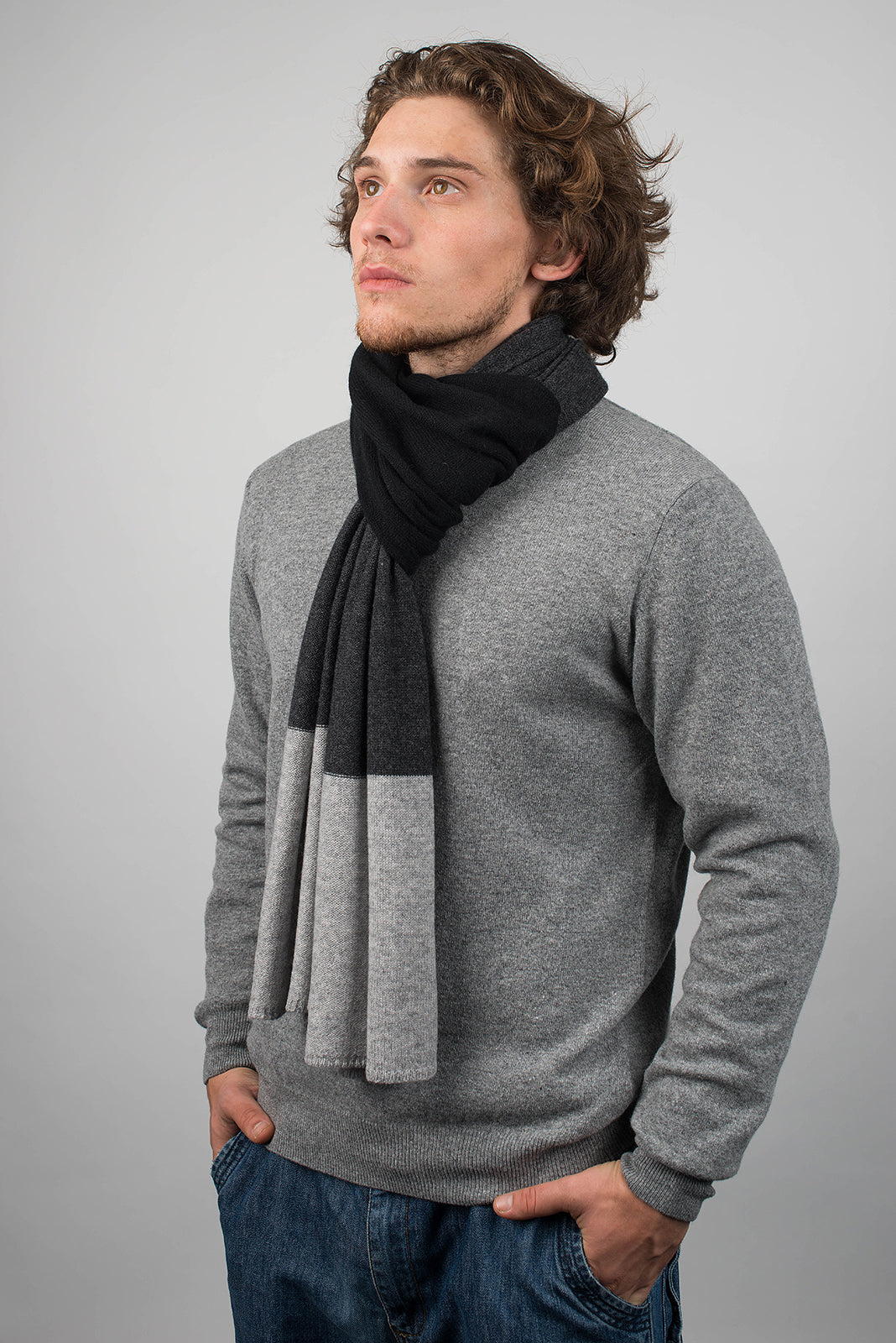 Black-Gray-Charcoal Men's Three-Color 100% Cashmere Scarf, view 3
