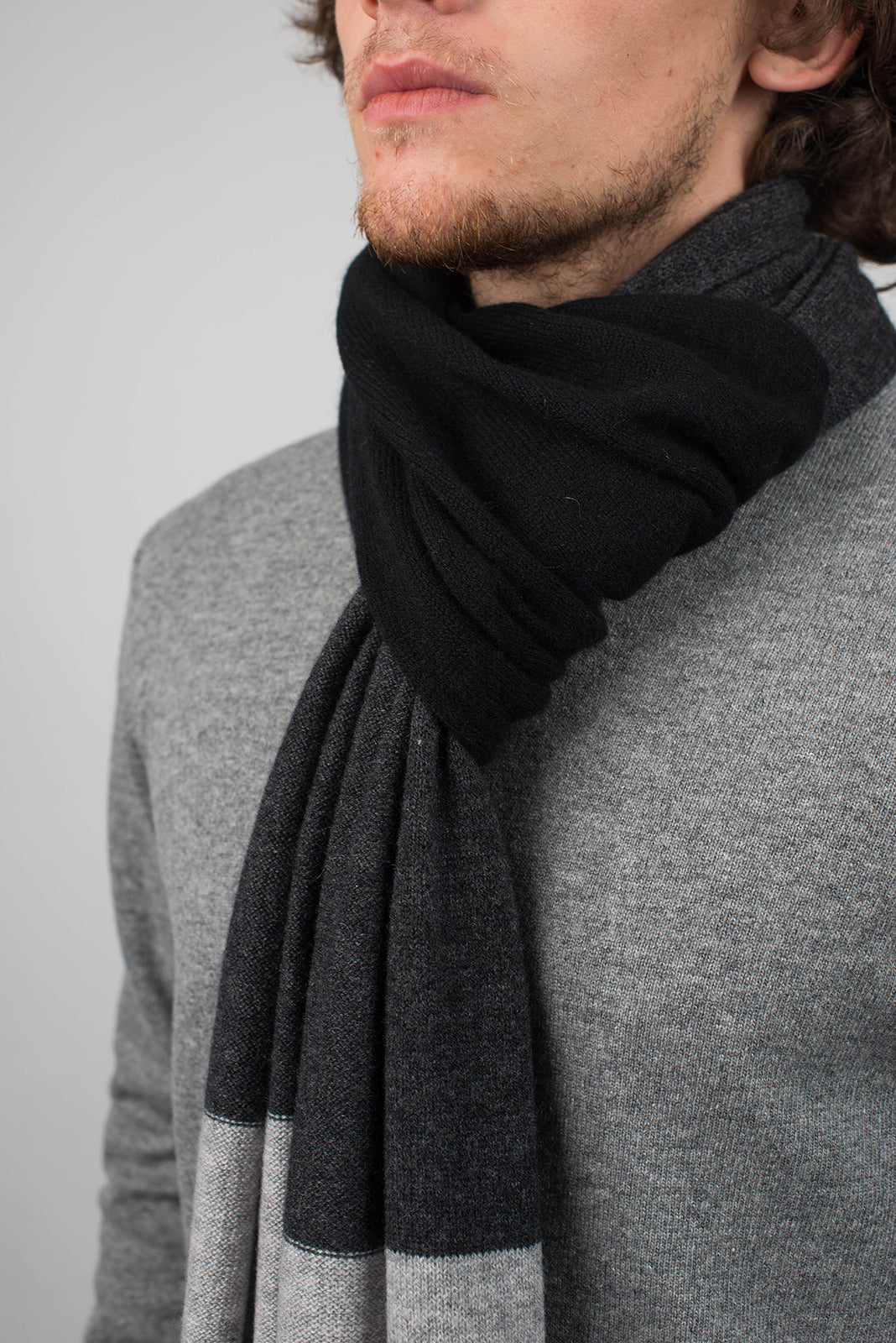 Black-Gray-Charcoal Men's Three-Color 100% Cashmere Scarf, view 4