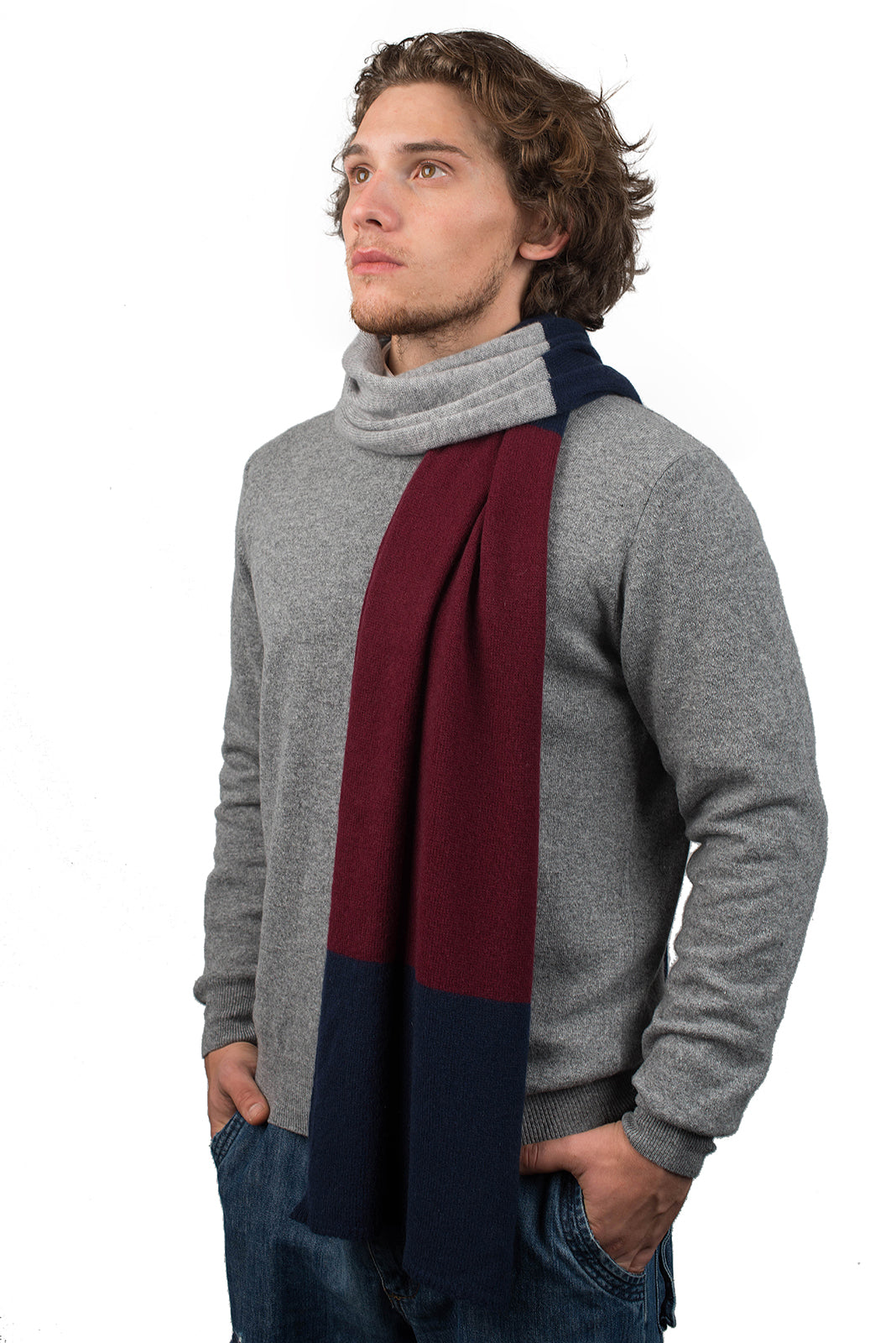Blue-Burgundy-Gray Men's Three-Color 100% Cashmere Scarf