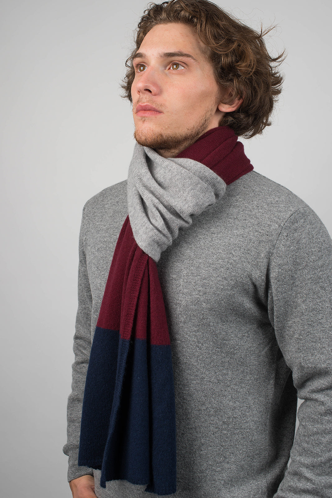 Blue-Burgundy-Gray Men's Three-Color 100% Cashmere Scarf, view 3