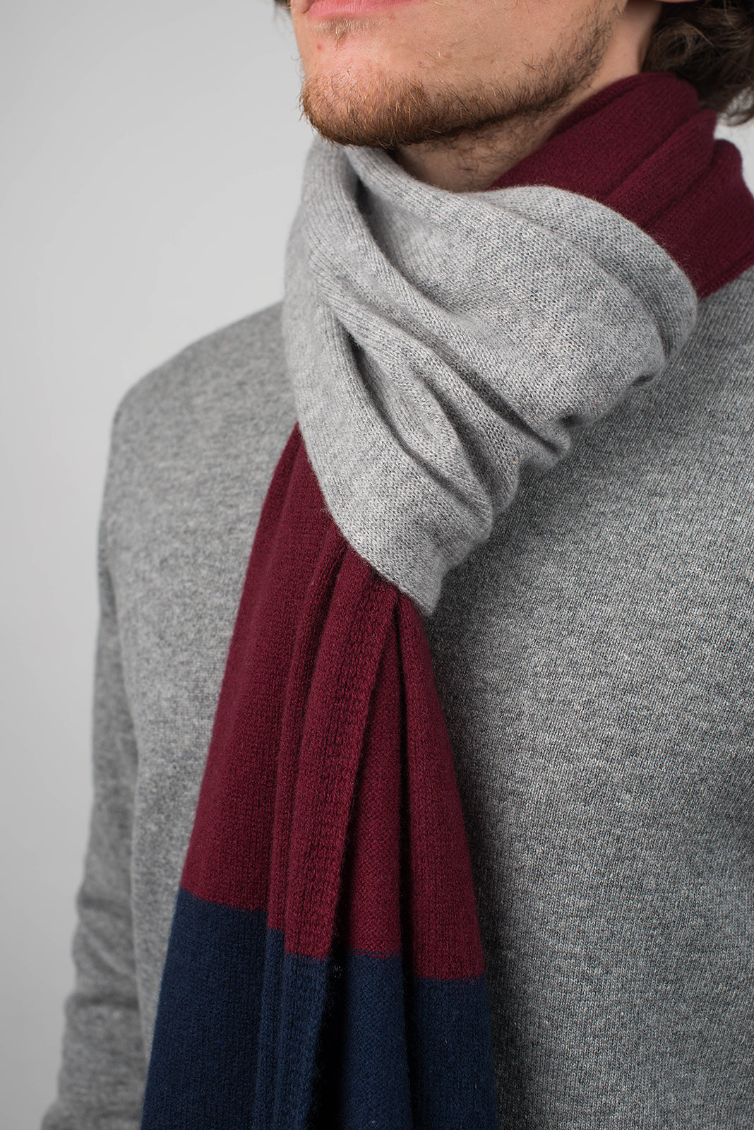 Blue-Burgundy-Gray Men's Three-Color 100% Cashmere Scarf, view 4