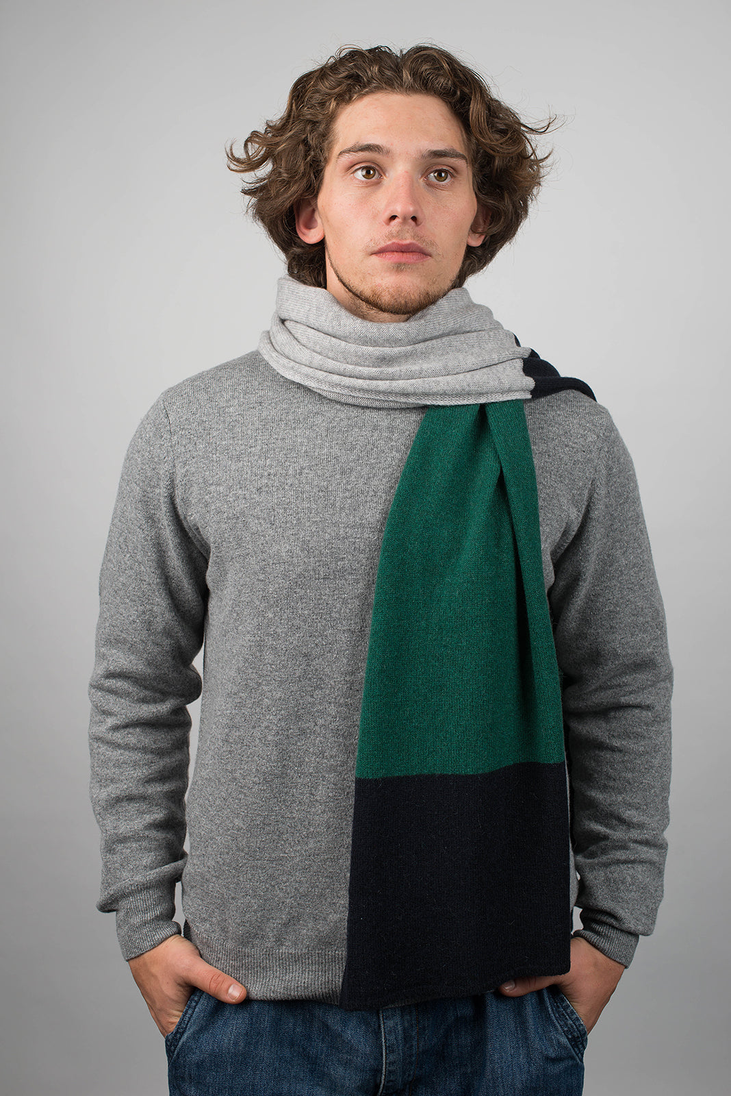 Blue-Green-Gray Men's Three-Color 100% Cashmere Scarf, view 2