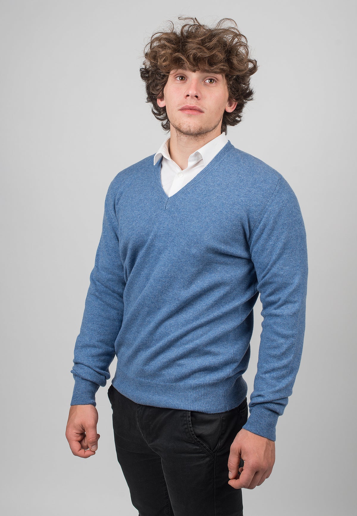 Light Blue Men's 100% Cashmere V-Neck, view 2