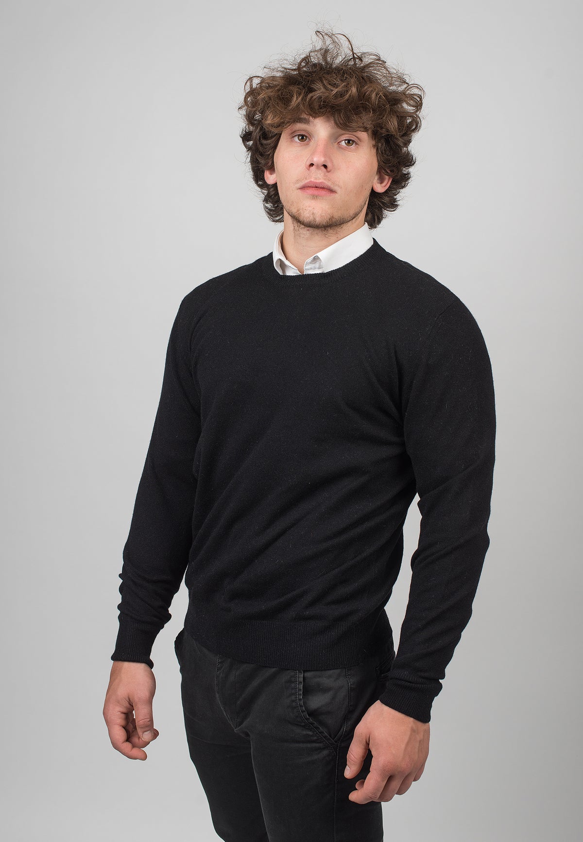 Black Men's 100% Cashmere Crewneck, view 2