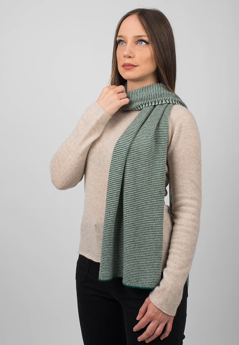 Green-Beige-Cream Women's Striped 100% Cashmere Scarf, view 2