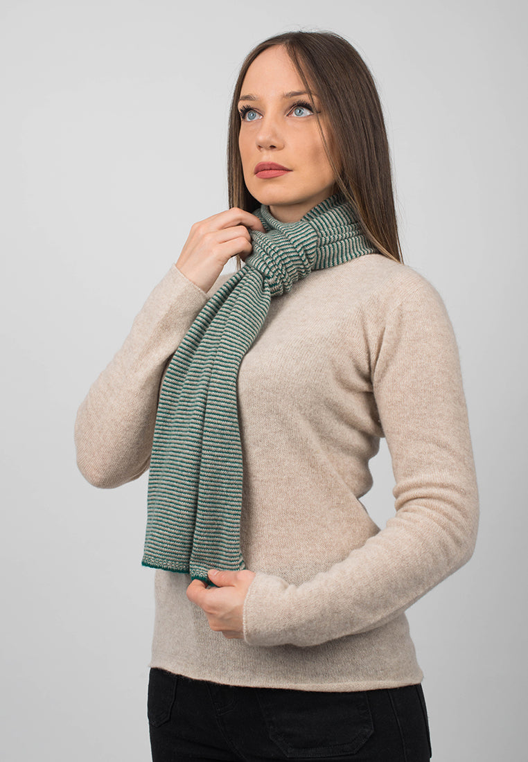 Green-Beige-Cream Women's Striped 100% Cashmere Scarf, view 3