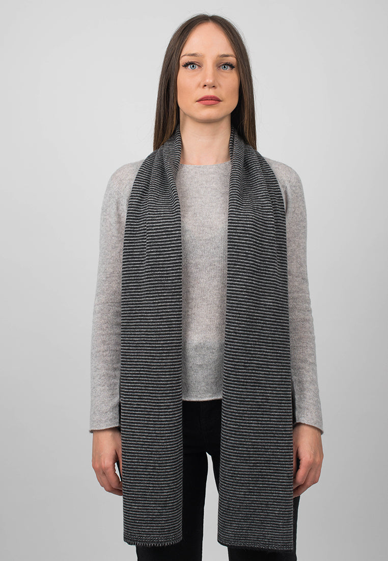 Black-Charcoal-Gray Women's Striped 100% Cashmere Scarf, view 2