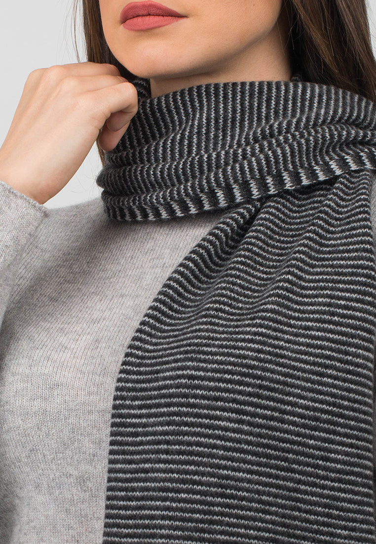 Black-Charcoal-Gray Women's Striped 100% Cashmere Scarf, view 3