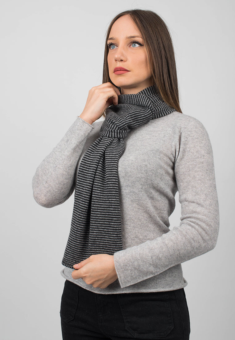 Black-Charcoal-Gray Women's Striped 100% Cashmere Scarf, view 4