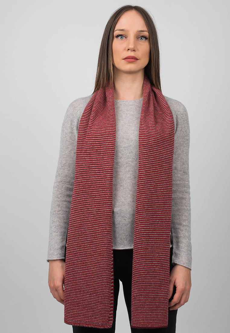 Red-Burgundy-Gray Women's Striped 100% Cashmere Scarf, view 2