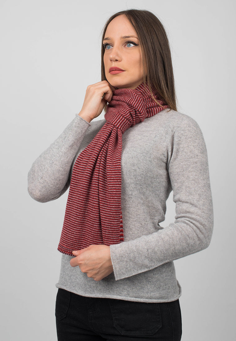 Red-Burgundy-Gray Women's Striped 100% Cashmere Scarf, view 4