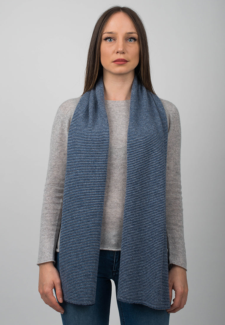 Blue-Light Blue-Sky Women's Striped 100% Cashmere Scarf, view 2