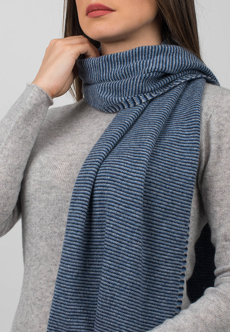 Blue-Light Blue-Sky Women's Striped 100% Cashmere Scarf, view 3