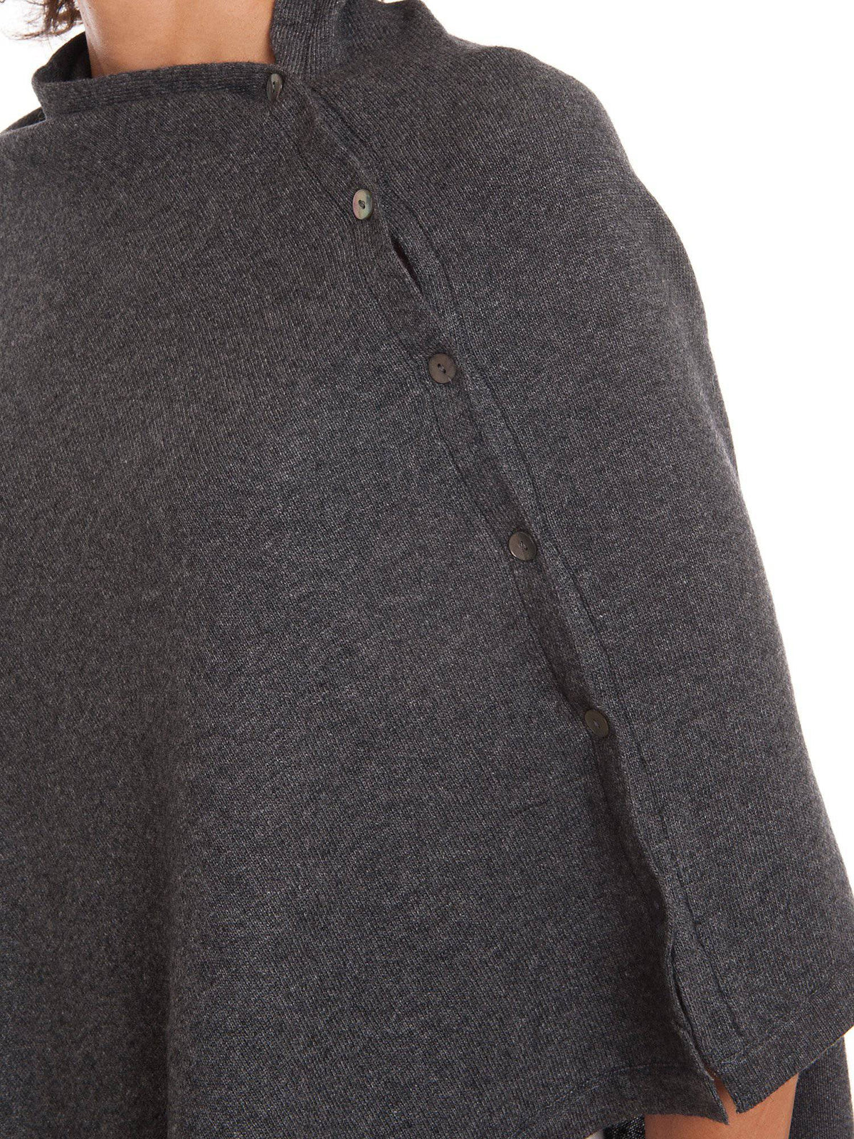 Charcoal Cashmere Blend Poncho With Buttons, view 3