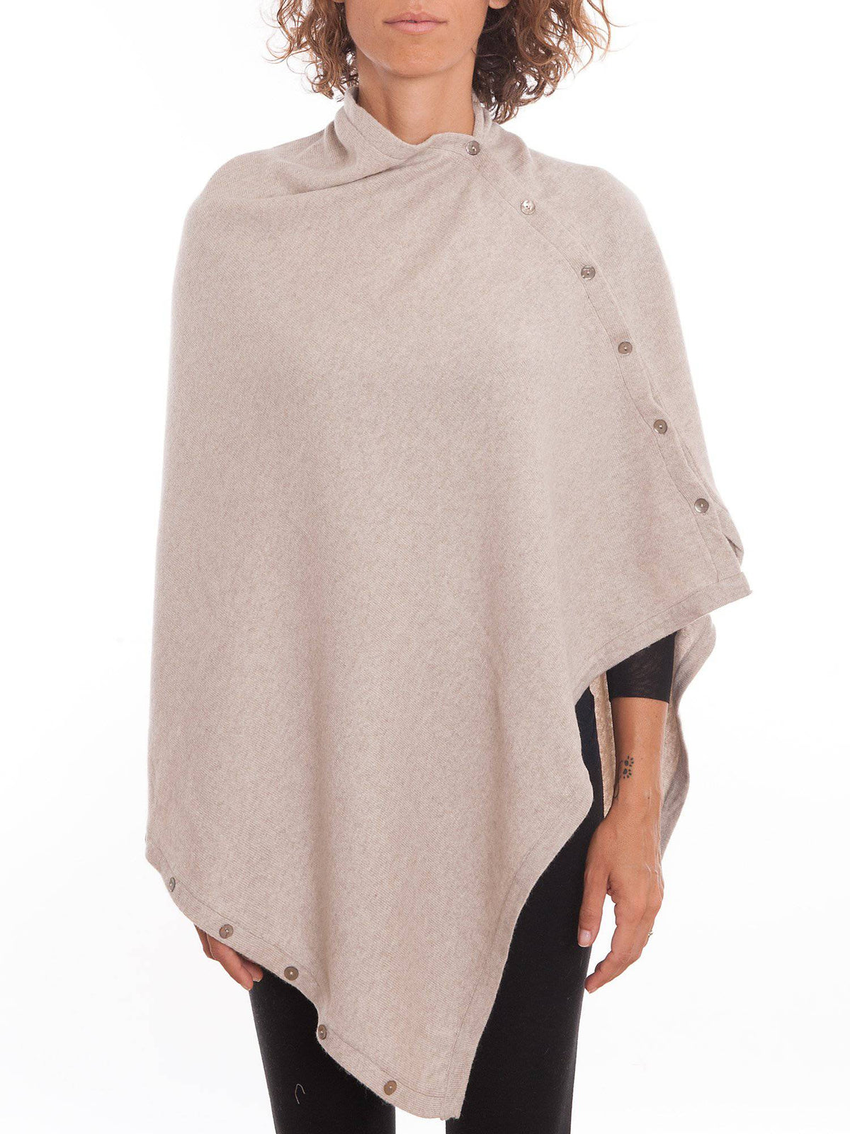Beige Cashmere Blend Poncho With Buttons