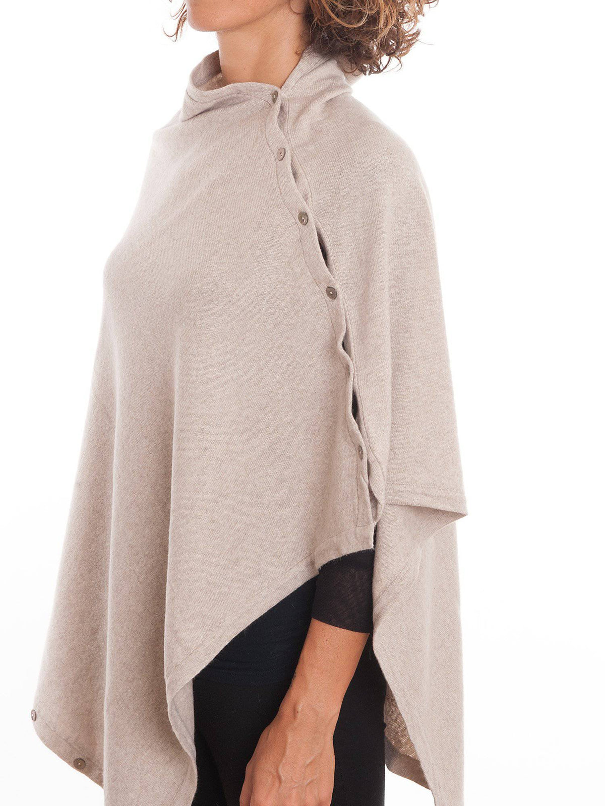 Beige Cashmere Blend Poncho With Buttons, view 2