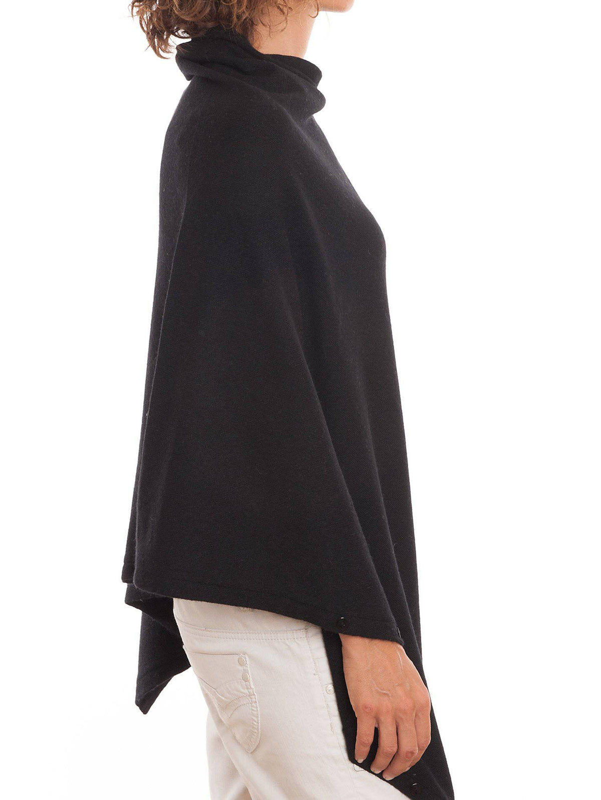 Black Cashmere Blend Poncho With Buttons, view 2