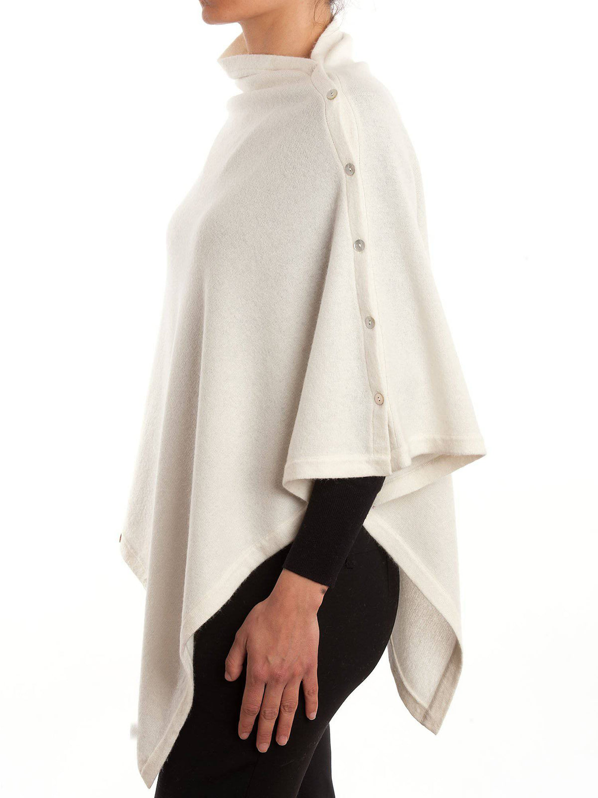 Cream Cashmere Blend Poncho With Buttons, view 2