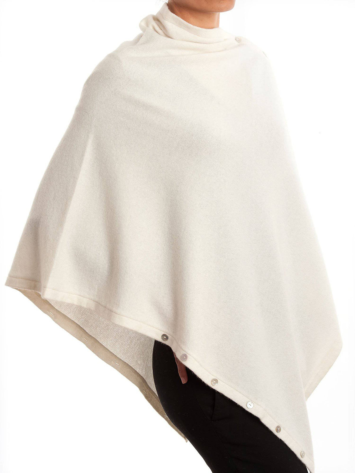 Cream Cashmere Blend Poncho With Buttons, view 3