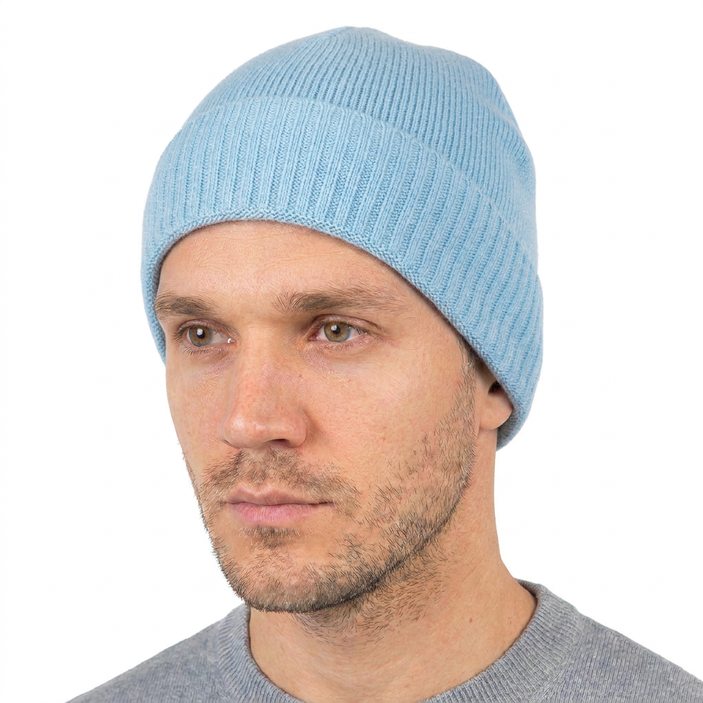 Men's Plain-Knit 100% Cashmere Beanie, sky | Dalle Piane Cashmere