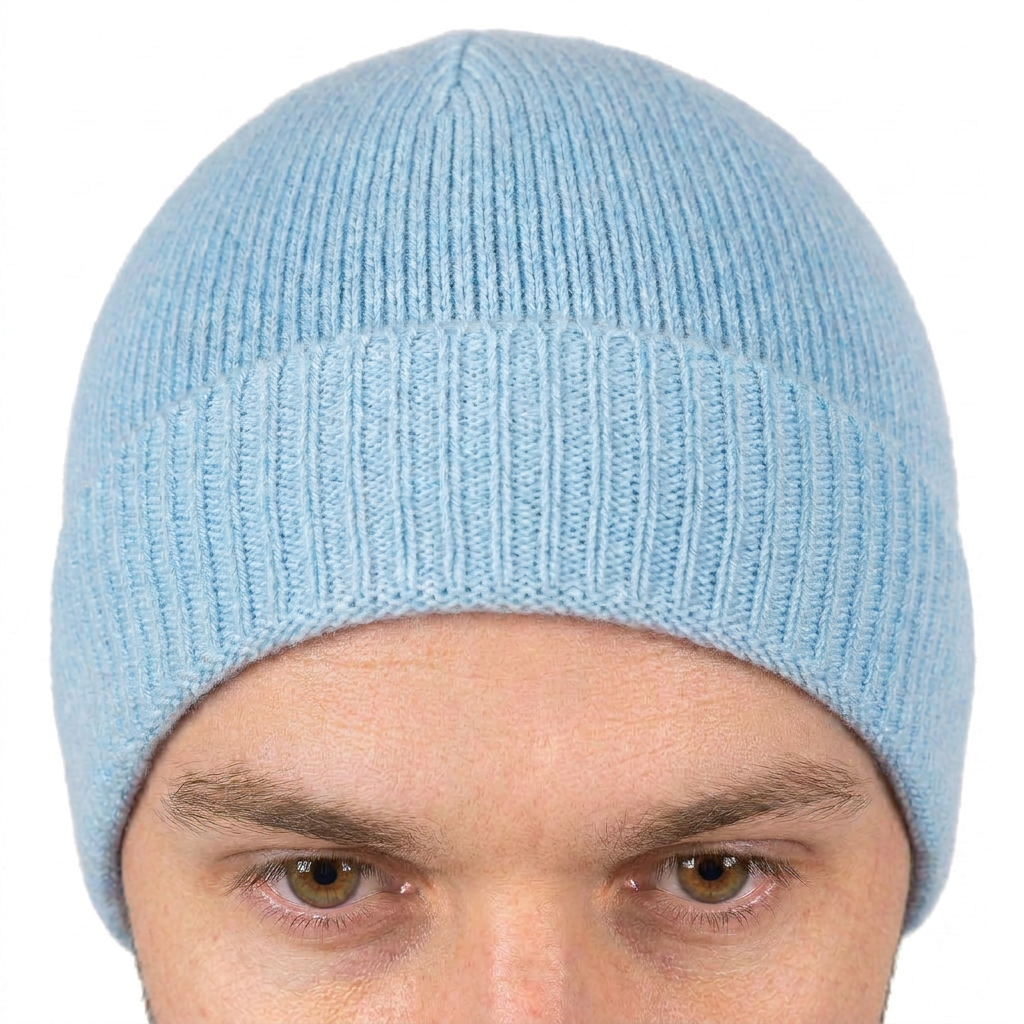Men's Plain-Knit 100% Cashmere Beanie, sky | Dalle Piane Cashmere