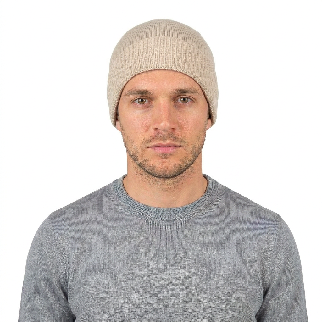 Men's Plain-Knit 100% Cashmere Beanie, beige | Dalle Piane Cashmere
