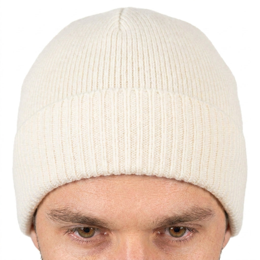 Men's Plain-Knit 100% Cashmere Beanie, cream | Dalle Piane Cashmere