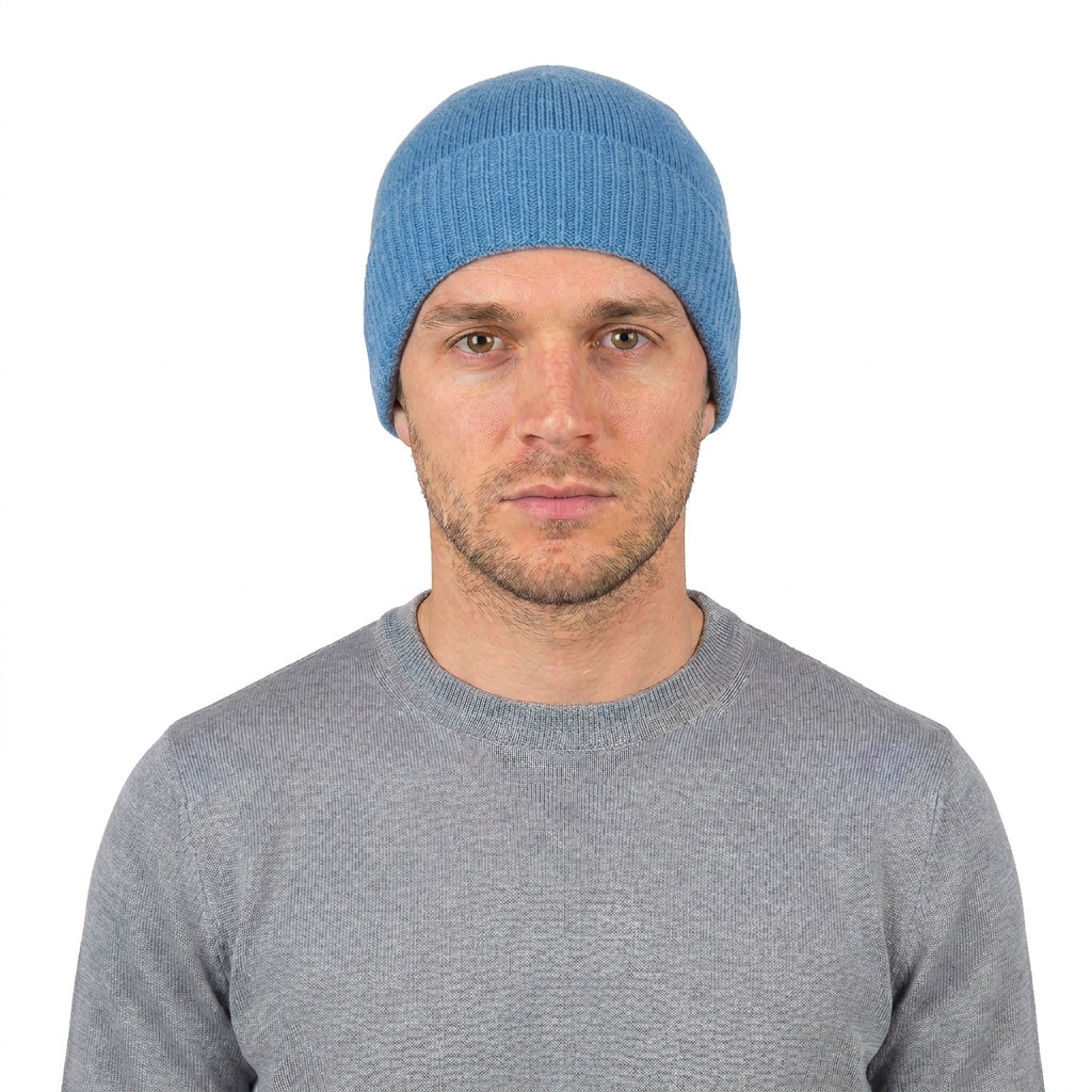 Men's Plain-Knit 100% Cashmere Beanie, light blue | Dalle Piane Cashmere
