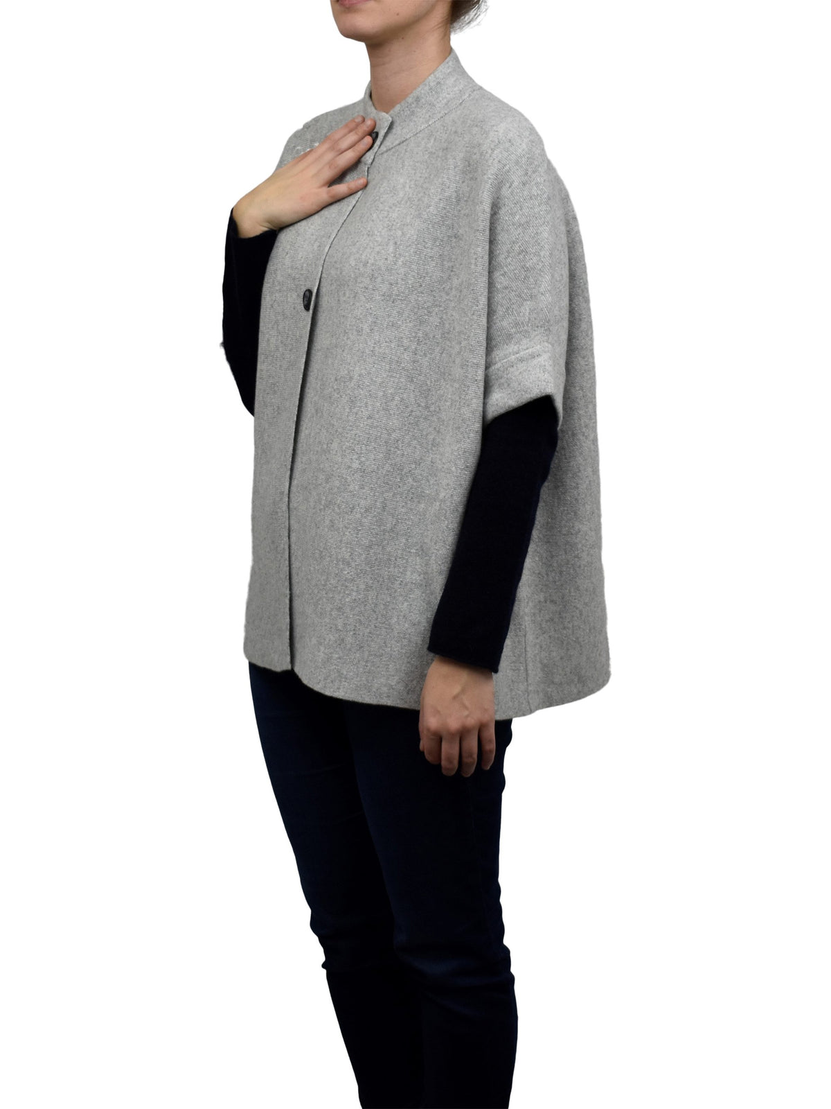 Gray Cashmere Blend Cape With Two Front Buttons, view 2