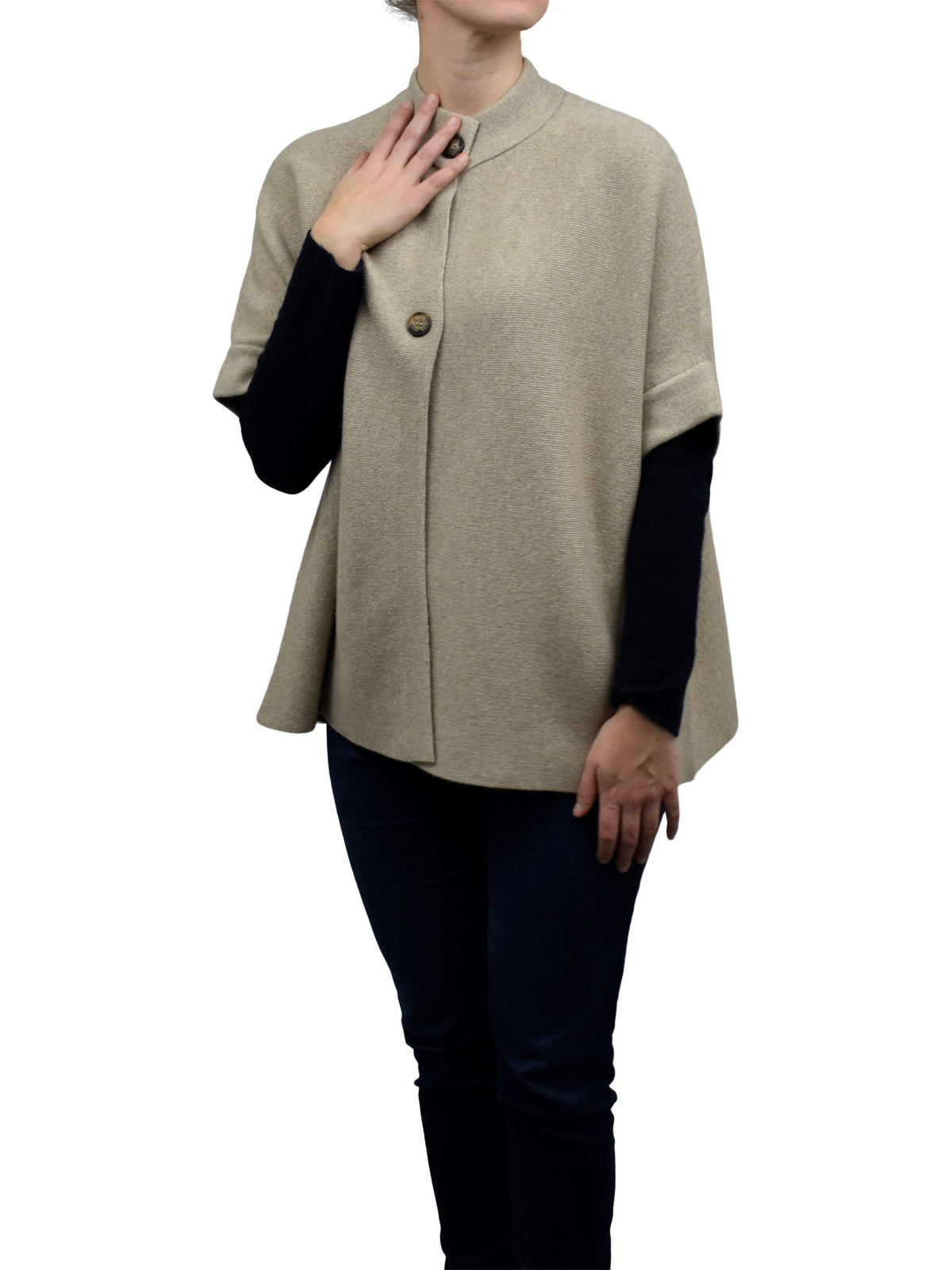 Beige Cashmere Blend Cape With Two Front Buttons, view 2