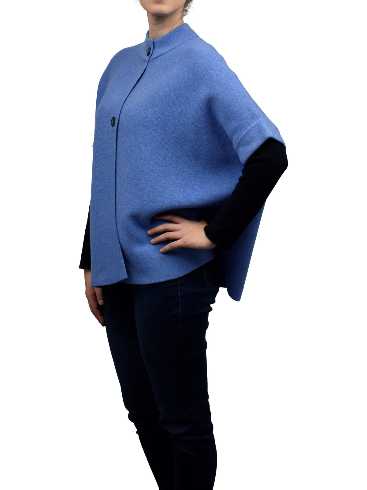 Light Blue Cashmere Blend Cape With Two Front Buttons, view 2