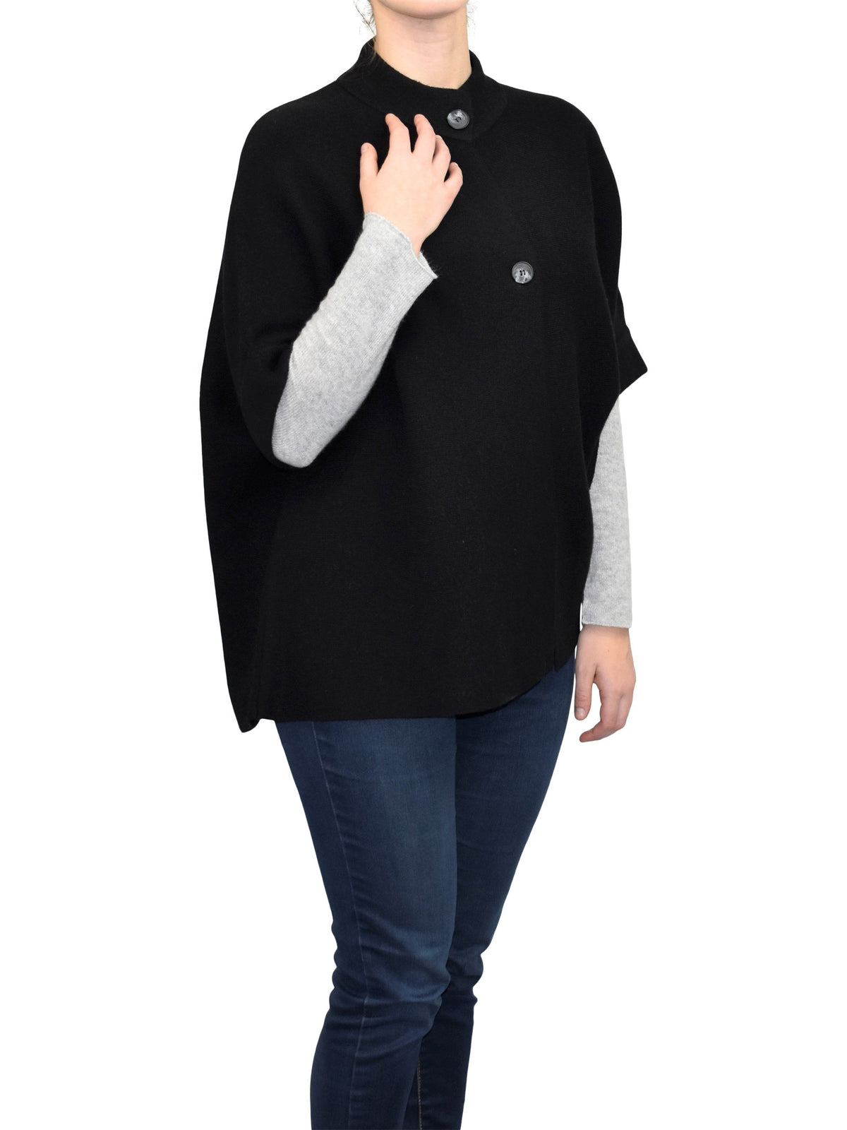 Black Cashmere Blend Cape With Two Front Buttons, view 2