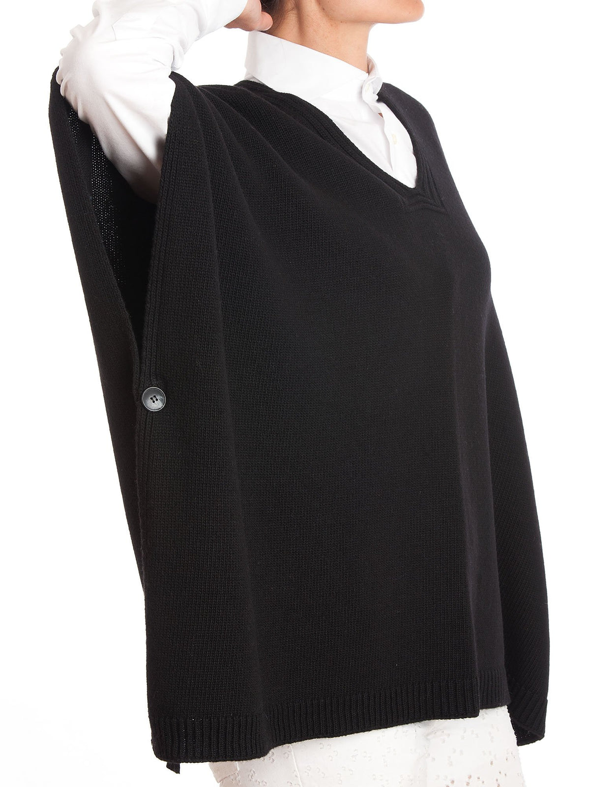 Black Cashmere Blend Cape With Side Buttons, view 2