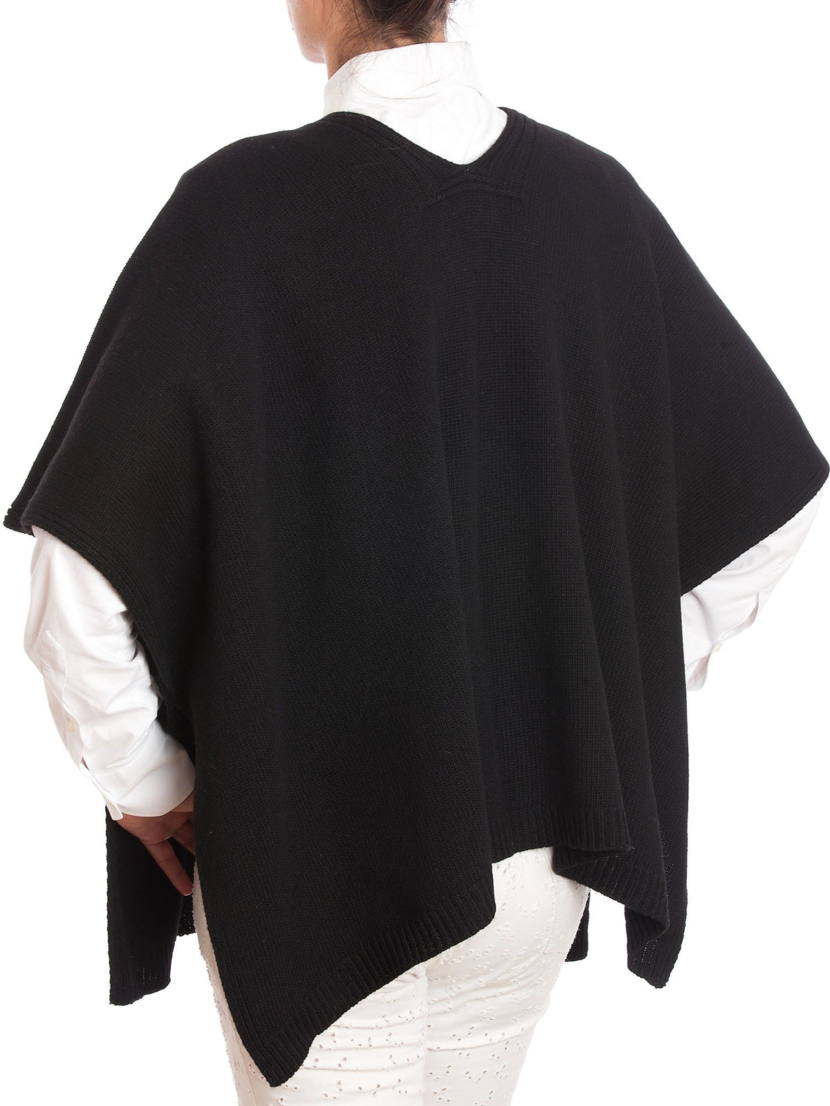 Black Cashmere Blend Cape With Side Buttons, view 5