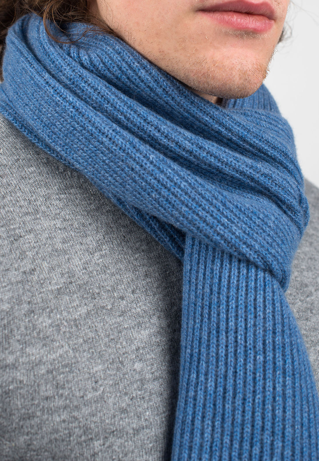Light Blue Men's Fisherman's Rib 100% Cashmere Scarf, view 3